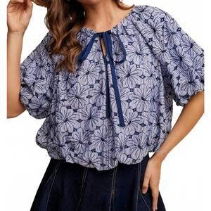 NEW LISTICLE embroidered floral balloon top in blue